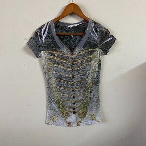 CUT LABEL SMALL SHEER BEADED GREEN & GRAY EMBELLISHED TOP